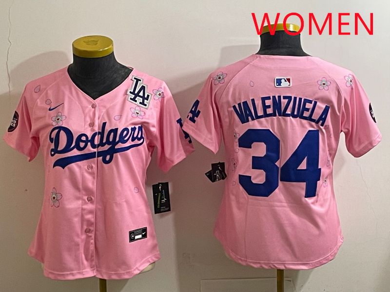 Women Los Angeles Dodgers #34 Valenzuela Pink Sakura Edition 2025 Nike MLB Jersey style 40->women mlb jersey->Women Jersey